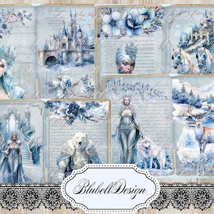 papier digital d'hiver bleu "Reine des glaces" scrapbooking kit junk journal téléchargement numérique imprimable