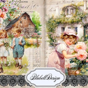 papier digital vintage  " Printemps à la ferme" scrapbooking kit junk journal téléchargement numérique imprimable