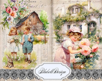 papier digital vintage  " Printemps à la ferme" scrapbooking kit junk journal téléchargement numérique imprimable