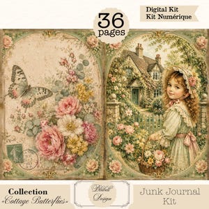 May include: A digital junk journal kit featuring 36 pages of cottage-themed illustrations. The design includes a butterfly, floral arrangements, and a child in a bonnet standing before a house, all framed in ornate, vintage-style borders.