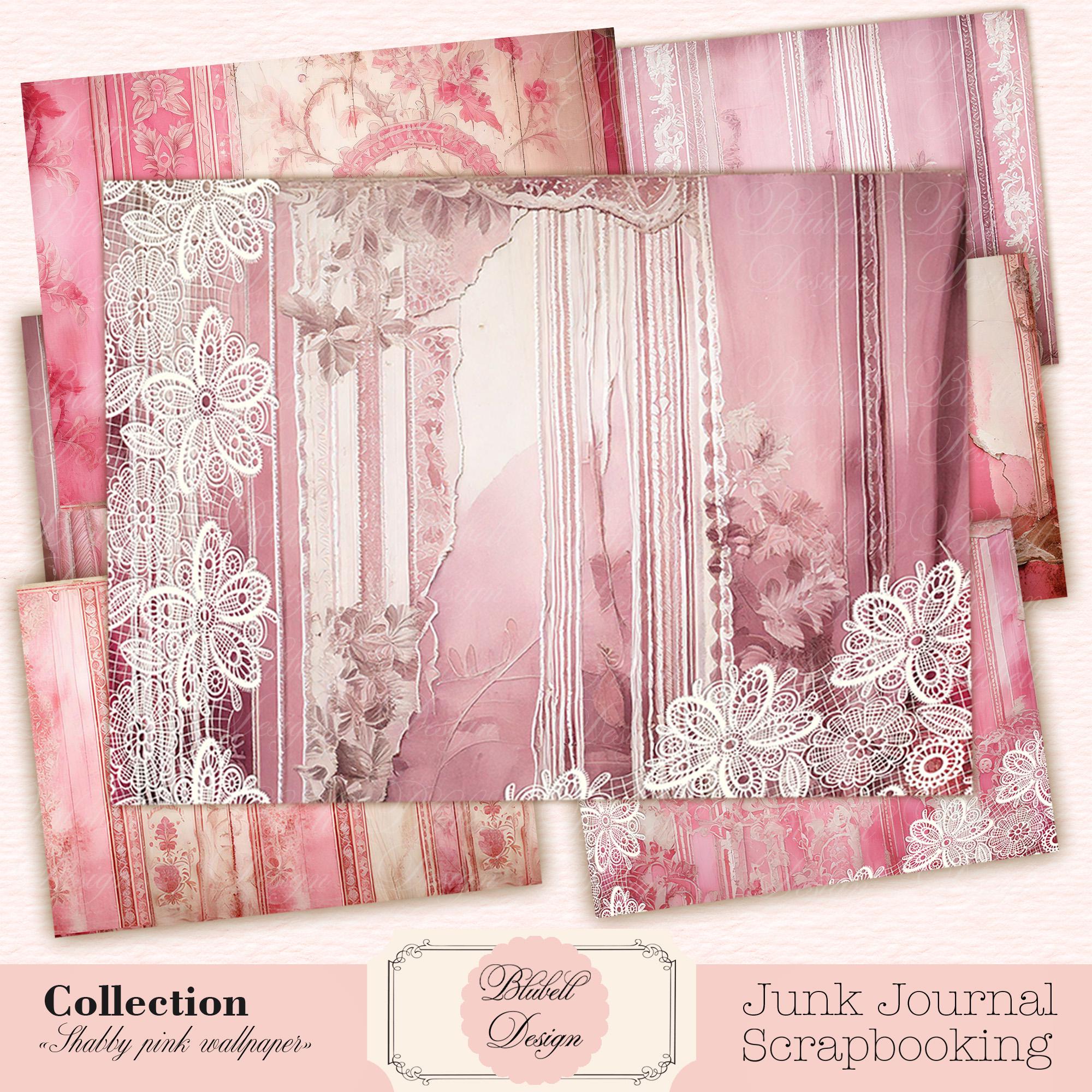 Vintage printed papers kit "Shabby pink wallpaper" junk journal kit scrapbooking papers
