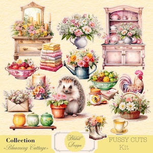 Découpes difficiles ,papier digital  " Blooming cottage"  scrapbooking kit junk journal téléchargement numérique imprimable art digital