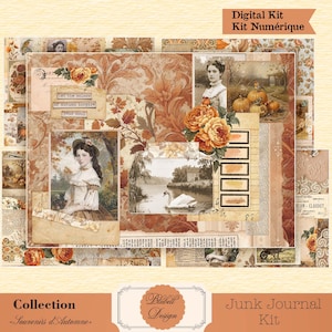 Op de afbeelding: Een digitale junk journal kit met een vintage esthetiek. Het ontwerp bevat sepia-kleurige afbeeldingen van vrouwen, bloemen en herfstbladeren. Tekst omvat "Let the colors of autumn inspire your soul" en "Digital Kit Kit Numérique". De kit heet "Collection Souvenirs d'Automne".