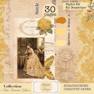 May include: A digital scrapbooking kit titled Late Summer Glow featuring 30 pages of vintage-style paper. The design includes yellow floral patterns, a butterfly illustration, and a central image of a person in a yellow dress sitting at a table.
