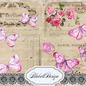 Papiers imprimés vintage "Envolée de Papillons" scrapbooking junk journal kit