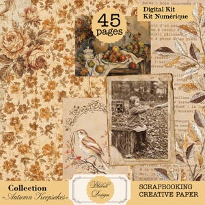 Könnte beinhalten: Ein digitales Scrapbooking-Set mit 45 Seiten Papier im Herbst-Design. Das Design umfasst florale Vintage-Muster, ein Stillleben mit Früchten, ein sepiafarbenes Foto eines Kindes auf einem Baumstumpf und eine Vogelillustration.