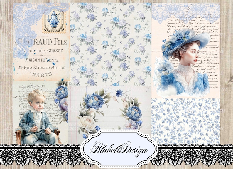 Victorian Digital Paper "shades of Blue" Scrapbooking Junk Journal Kit ...