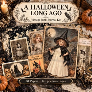 May include: A Halloween Long Ago vintage junk journal kit featuring 34 papers and 14 ephemera pages. The collection includes printed cards and sheets with illustrations of children in witch costumes, black cats, pumpkins, and the text Under the October Moon.