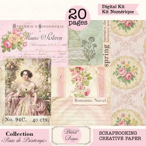 May include: A digital scrapbook kit with a vintage design. The image includes floral illustrations, a portrait of a woman, and text such as "Romantic Novel" and "Rose de Printemps". The kit contains 20 pages.