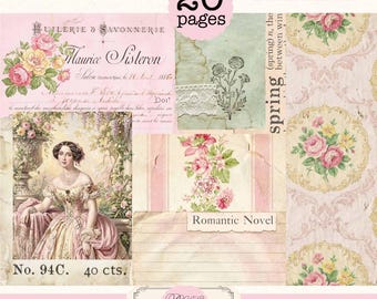 May include: A digital scrapbook kit with a vintage aesthetic. The design features floral elements, a portrait of a woman, and text including "Romantic Novel" and "Rose de Printemps". The kit includes 20 pages.