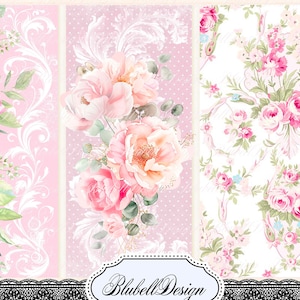 May include: Three digital paper designs featuring pink and white floral patterns. The first design has a pink background with white floral swirls. The second design has a light pink background with white polka dots and a large pink rose bouquet. The third design has a white background with a pink floral pattern. The designs are labeled "Blubell Design".