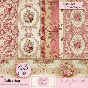 Digitale Shabby-Wallpaper-Sets „Rotes und rosa Blumenpapier“ für Scrapbooking und Junk Journals