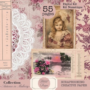 Peut inclure: Un kit numérique de 55 pages de papier créatif pour scrapbooking intitulé Autumn in Mulberry. Le design présente un portrait vintage d'un enfant en bonnet, une illustration de bouquet floral, un napperon en dentelle blanche et du texte de registre.