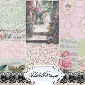 Kit de papel con estampado pastel desgastado "Jardines Franceses" Kit de scrapbooking para diario basura