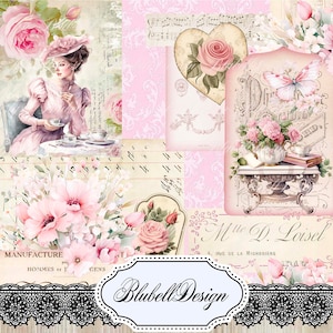 papier digital shabby  "Rose shabby pastel" scrapbooking kit junk journal téléchargement numérique imprimable