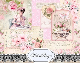 May include: A digital collage featuring vintage-style images of roses, butterflies, and a woman in a pink dress. The collage is set against a background of pink and white floral patterns and music notes. The text "Mme D. Loisel" and "Blubell Design" are also included in the collage.