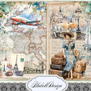 Kit papiers imprimés vintage  "Carnet de voyage" kit junk journal papier scrapbooking
