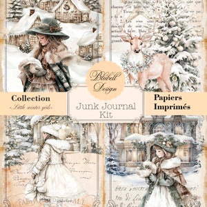 Kit papiers imprimés vintage "Little winter girls" kit junk journal papiers scrapbooking