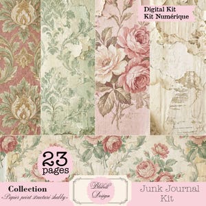 Puede incluir: Un kit de diario digital con diseños florales y damasco desgastados en rosa, verde y beige. El kit incluye 23 páginas. El texto de la imagen dice "Kit Digital", "Colección" y "Junk Journal Kit".