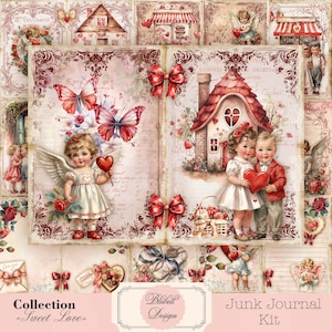 papier digital  "Sweet Love" scrapbooking kit junk journal téléchargement numérique papier digital imprimable Saint Valentin