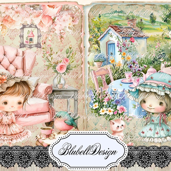 Kit papiers imprimés vintage "Petites filles de campagne vol 2" kit junk journal papier scrapbooking