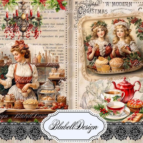 Victorian Christmas digital paper "Christmas Tea and Cookies" scrapbooking kit junk journal printable digital download