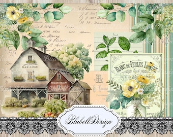 vintage digital paper &quot;The Little Green Farm&quot; scrapbooking junk journal kit digital download printable digital paper