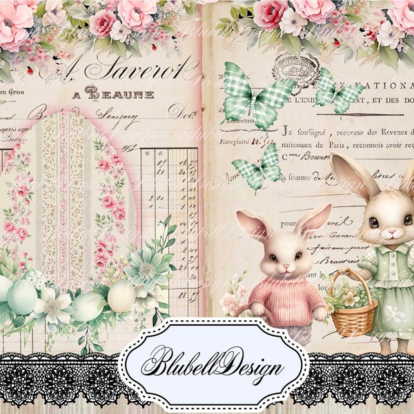 papier digital vintage pastel  " Jolies fêtes de Pâques" scrapbooking kit junk journal téléchargement numérique imprimable