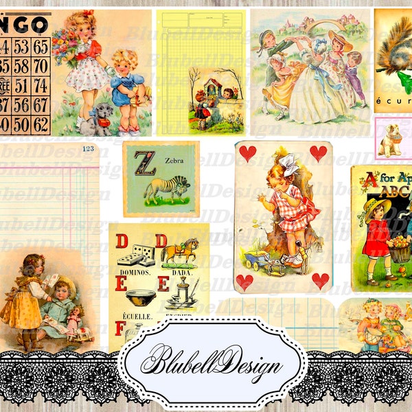 Kit papiers imprimés vintage 45 images "Collection Jeux d'enfants" 200G kit junk journal scrapbooking