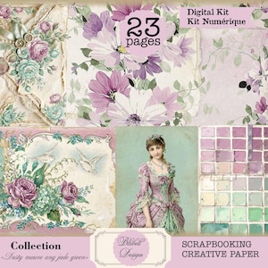 Peut inclure: Un kit numérique de papier de scrapbooking avec des motifs floraux et vintage. Le kit comprend 23 pages avec une palette de couleurs mauve poussiéreux et vert jade. L'image contient le texte "Digital Kit Kit Numérique" et "Scrapbooking Creative Paper".