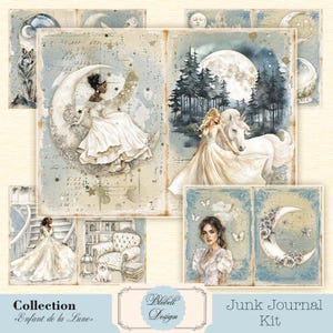 Vintage bedrukte papierset "Moon child" junk journal kit scrapbookpapier