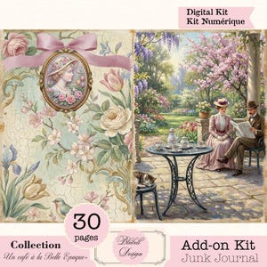 May include: Digital kit for a junk journal with a vintage theme. The design features a cameo portrait, floral patterns, and a garden scene with people. Includes the text "30 pages" and "Add-on Kit Junk Journal".