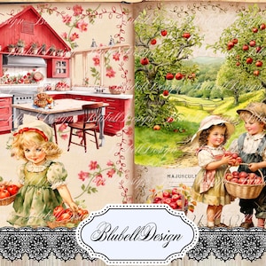 Kit papiers imprimés vintage  "Tartes aux pommes " kit junk journal scrapbooking