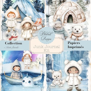 Kit papiers imprimés vintage mignon "Arctic friends" kit junk journal papiers scrapbooking