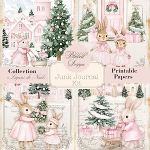 papier digital pastel rose "Lapins de Noël " scrapbooking kit junk journal téléchargement numérique imprimable