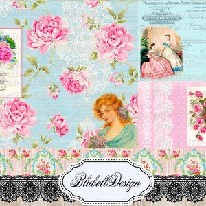 Kit di carta stampata shabby "Romantic fabric collages", kit per scrapbooking junk journal
