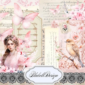 Kit papiers imprimés  pastel  "Rose shabby pastel" kit junk journal papier scrapbooking
