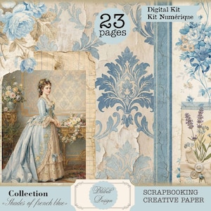 Può includere: Kit digitale per scrapbook con un design vintage, con motivi floreali e damascati blu. L'immagine include un ritratto di una donna in abito blu, con il testo "23 pages", "Collection Shades of french blue", e "Scrapbooking Creative Paper".