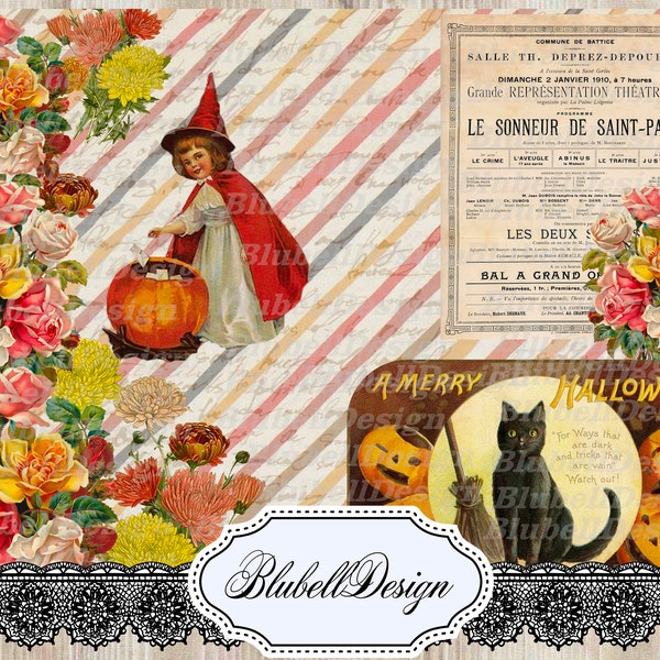 papiers numériques Halloween scrapbooking junk journal kit téléchargement numérique imprimable papier digital