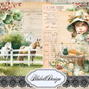 Kit papiers imprimés vintage  "La petite ferme verte" kit junk journal scrapbooking