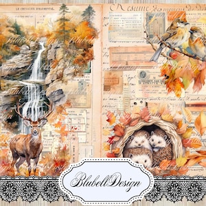 Kit papiers imprimés vintage d'automne  "Amis de la forêt " kit junk journal scrapbooking