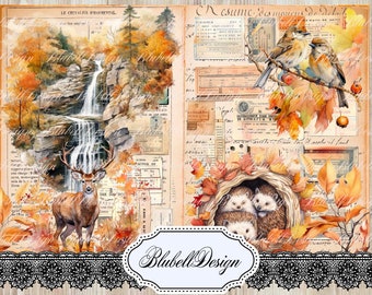 Kit papiers imprimés vintage d'automne  "Amis de la forêt " kit junk journal scrapbooking