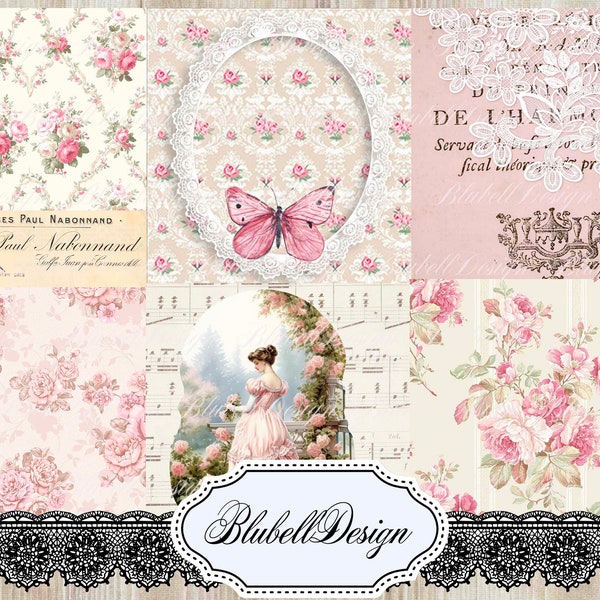 Kit papiers imprimés pastel shabby  "Promenade au jardin " kit junk journal scrapbooking