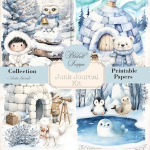 papier digital vintage mignon "Arctic friends " scrapbooking kit junk journal téléchargement numérique imprimable