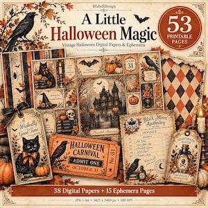 May include: A digital collection titled A Little Halloween Magic featuring 53 printable pages of vintage Halloween papers and ephemera. The set includes illustrations of black cats, crows, pumpkins, haunted houses, and apothecary labels.