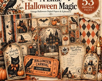 A Touch of Halloween Magic – Vintage Halloween Digital Kit – 53 Pages – Papers & Ephemera – Junk Journal Scrapbooking