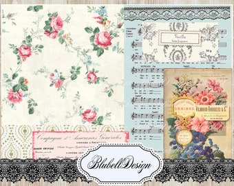 Kit 8 papiers imprimés vintage "La vie en Rose" scrapbooking junk jounal kit