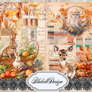 papier digital vintage d'automne "Amis de la forêt " scrapbooking kit junk journal téléchargement numérique imprimable