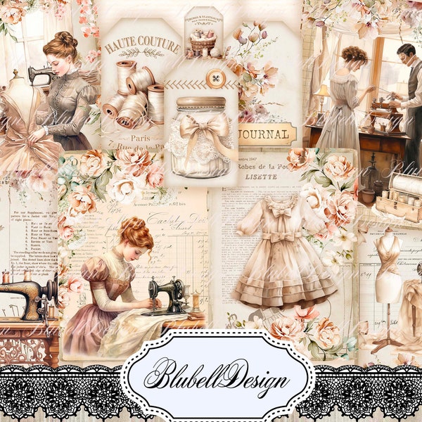 papier digital vintage " Passion couture" scrapbooking kit junk journal téléchargement numérique imprimable