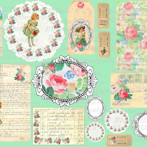 Kit d'Ephéméras vintages verts imprimés 200g junk journal kit scrapbooking cartes